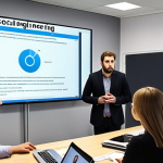 **

A training session on social engineering awareness: show employees in a modern office setting, actively engaged in a presentation on phishing tactics, with a screen displaying examples of suspicious emails. Focus on attentive faces and an atmosphere of learning and prevention.

**