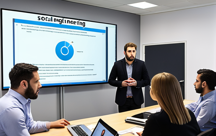 **
A training session on social engineering awareness: show employees in a modern office setting, actively engaged in a presentation on phishing tactics, with a screen displaying examples of suspicious emails. Focus on attentive faces and an atmosphere of learning and prevention.
**